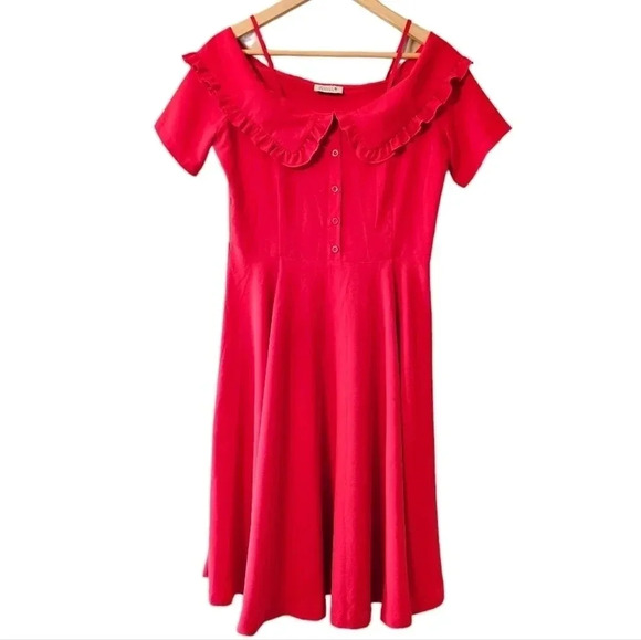 Molly Bracken Ruffle Short Sleeve Midi Casual Red Dress Size Medium. - Picture 2 of 13